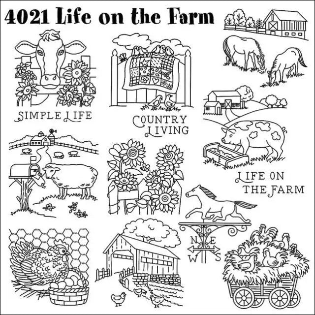 Collection of rustic farm-themed line drawings from Aunt Martha’s quilting designs