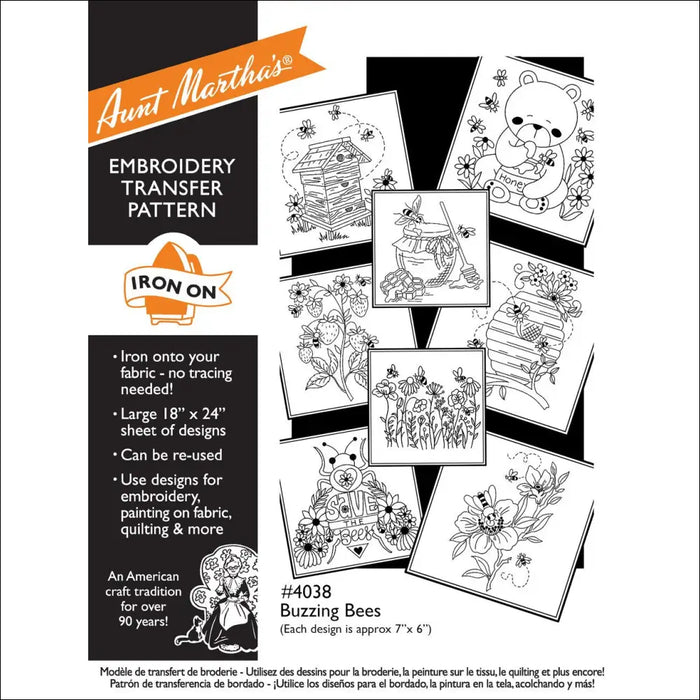 Vintage Aunt Martha’s embroidery transfer pattern featuring Buzzing Bees and flower designs