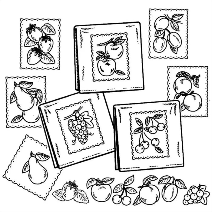 Collection of framed fruit sketches and loose fruit drawings on Aunt Martha’s fruit tea towels