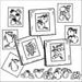 Collection of framed fruit sketches and loose fruit drawings on Aunt Martha’s fruit tea towels