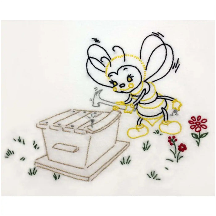 Cute cartoon bee near a beehive box from Aunt Martha’s Busy Bee collection
