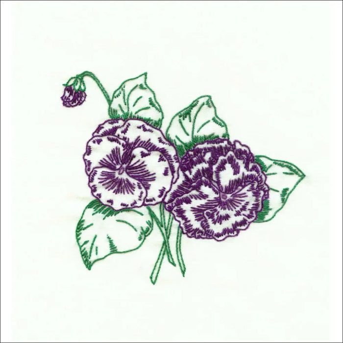 Purple pansies with green leaves in a sketch style from Aunt Martha’s Eight Flowers