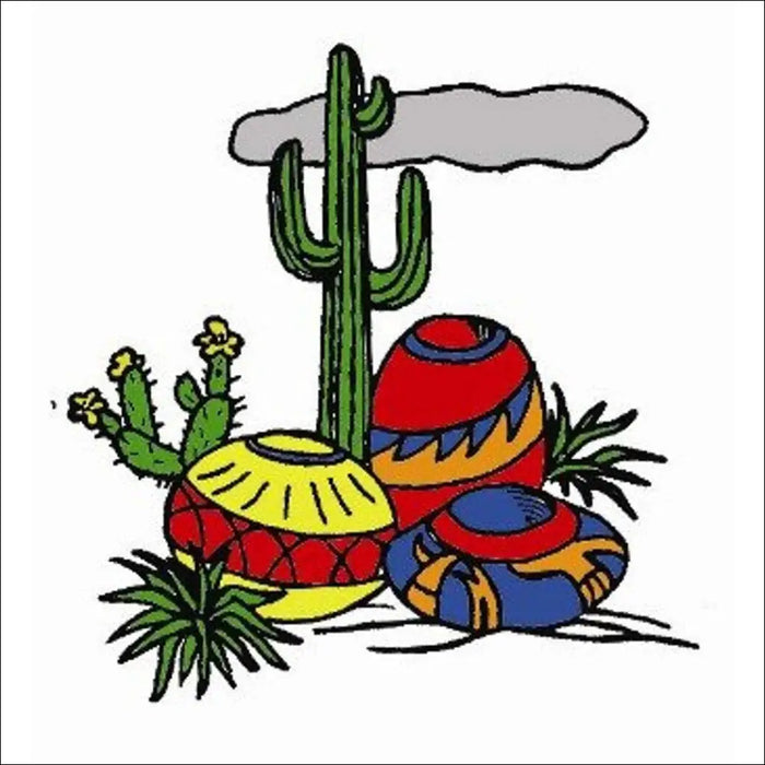 Saguaro cactus with colorful pottery and desert plants in Aunt Martha’s 3853 Southwest design