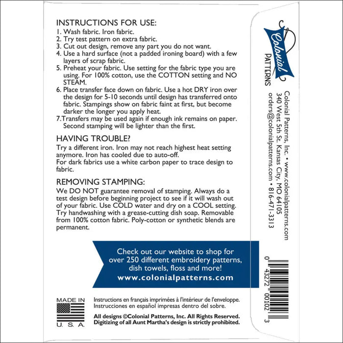 Instructions for using iron-on fabric transfers from Aunt Martha’s Happy Hour product