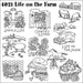 Collection of rustic farm-themed line drawings from Aunt Martha’s quilting designs
