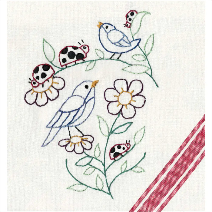 Embroidered design of Lovely Ladybugs with birds and daisies in Aunt Martha’s collection
