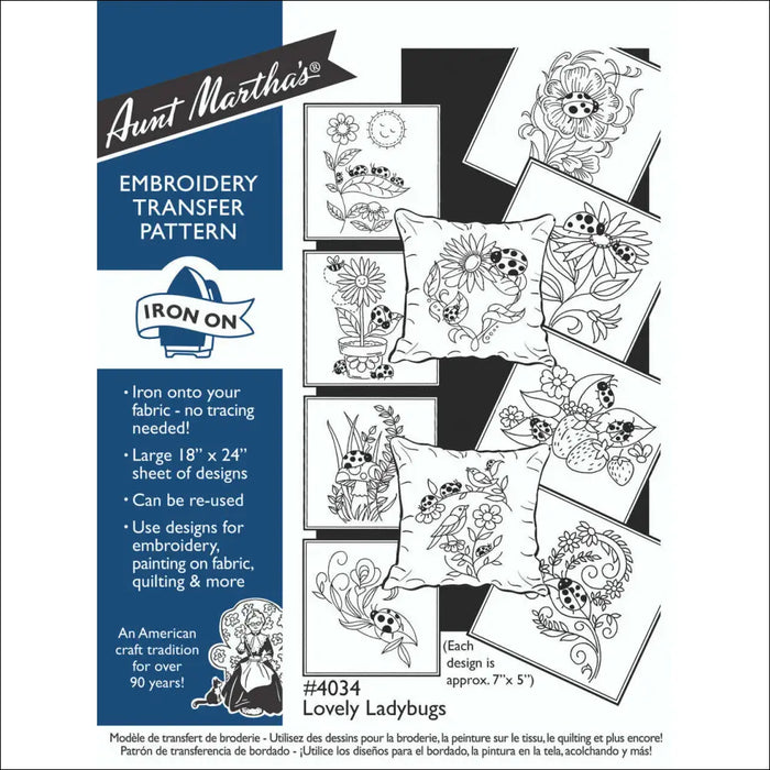 Aunt Martha’s Lovely Ladybugs embroidery transfer pattern showcasing vibrant designs