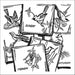 Black and white sketch of calendar pages with birds for Aunt Martha’s countryside quilts