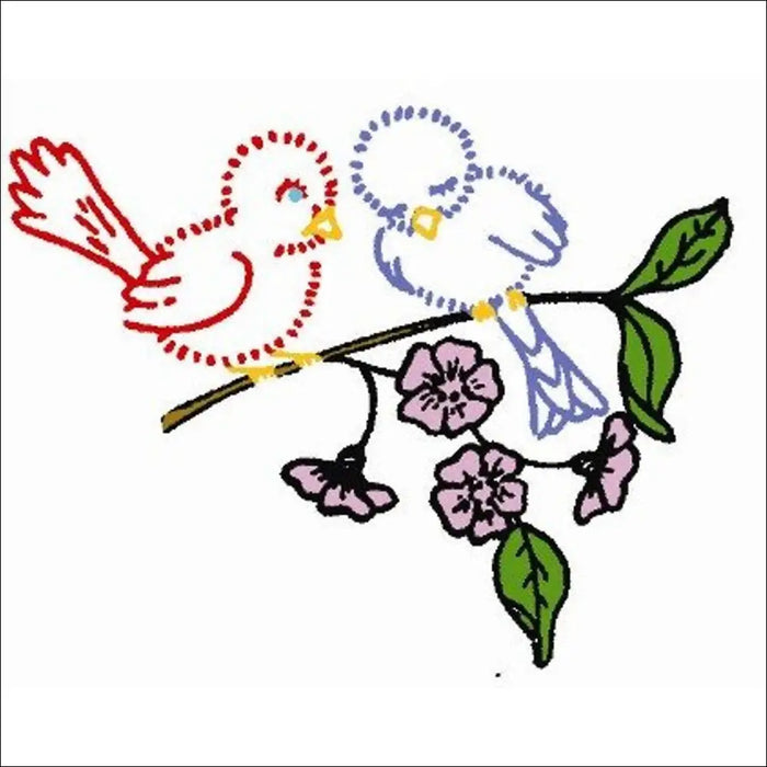Two cartoon birds on a pink blossom branch from Aunt Martha’s quilting collection