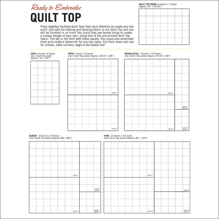 Quilt top planning worksheet featuring grid patterns with Aunt Martha’s Quilting Fabric